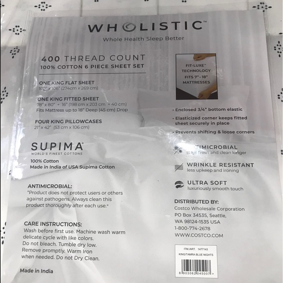 Wholistic 100% Supima Cotton 6- Piece Sheet Set - Picture 5 of 5
